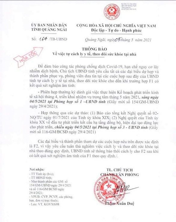 Quảng Ngãi: Lãnh đạo tỉnh tự cách ly ở nhà vì liên quan đến chuyến bay cùng bệnh nhân 2989