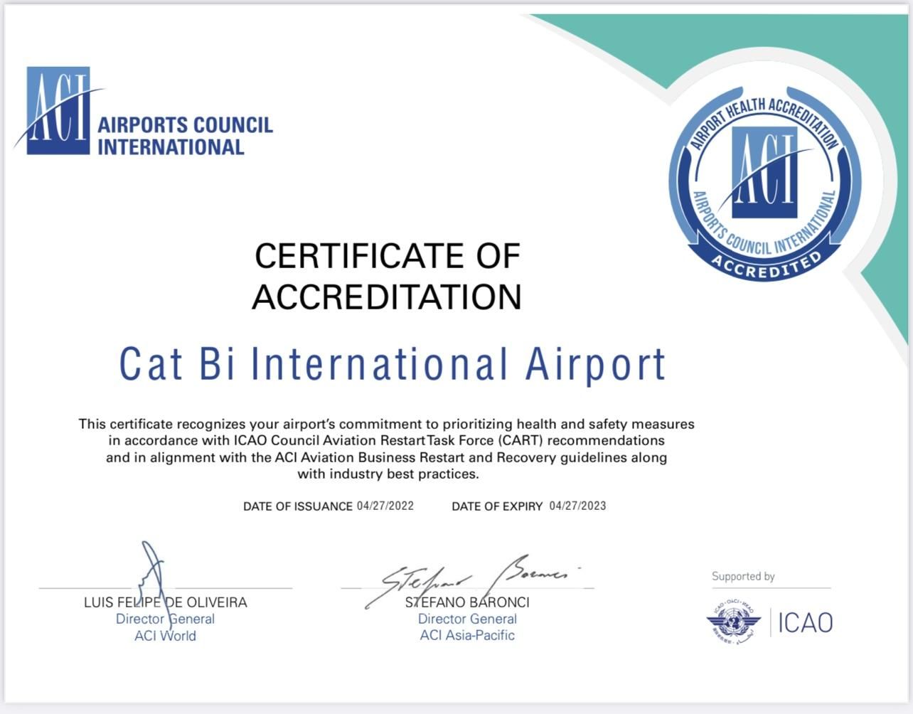 Cảng HKQT Cát Bi được ACI cấp chứng nhận Airport Health Accreditation (AHA)