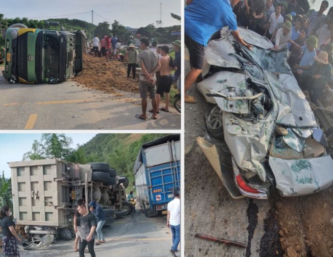 Hoà Bình: Xe con biến dạng sau va chạm với xe tải chở đất, 3 người tử vong