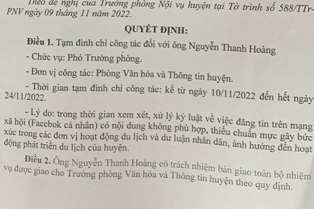 Thông tin mới vụ lãnh đạo phòng Văn hóa bị tạm đình chỉ công tác