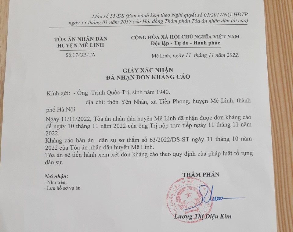 Sau phán quyết của Toà án huyện Mê Linh, một công dân làm đơn kháng cáo